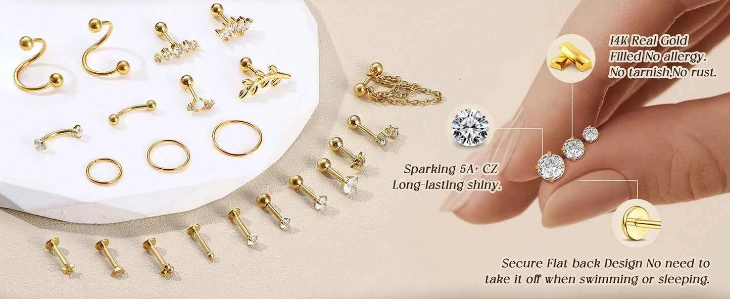 Cartilage Earrings Set - 22 Pieces 16G Surgical Steel Flat Back Studs & Nose Rings
