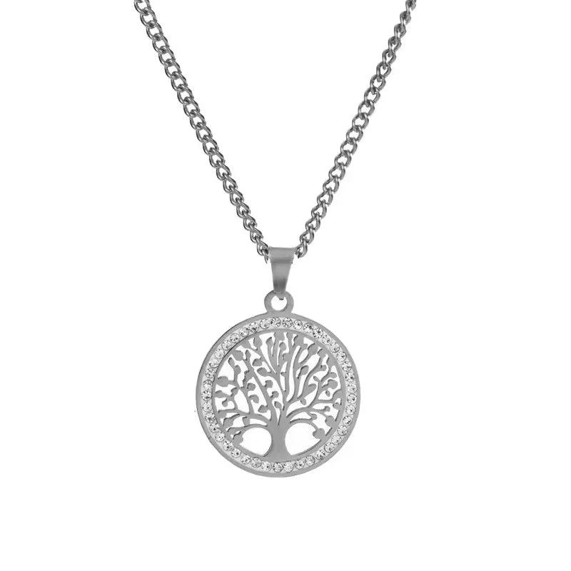 Silver necklace with a tree-of-life pendant on a white background