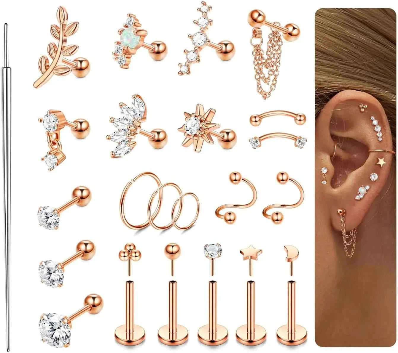 Cartilage Earrings Set - 22 Pieces 16G Surgical Steel Flat Back Studs & Nose Rings