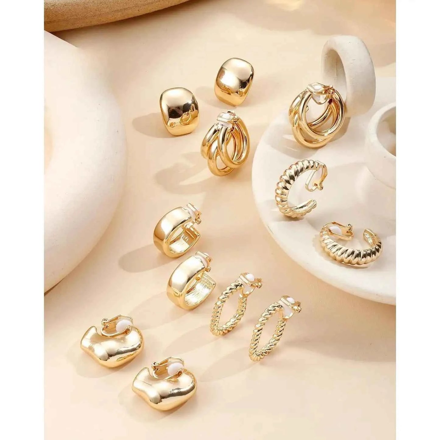 10Pairs Clip On Earrings for Women Non Pierced Ears CZ Pearl Knot Twist Chunky Hoop and Studs Earring Set Ear Clips Jewelry