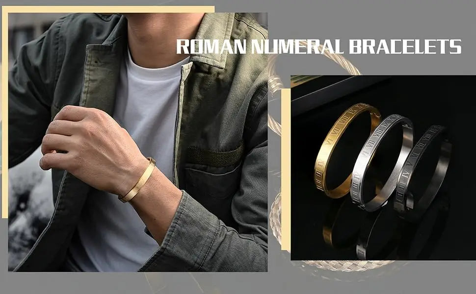 Men's Stainless Steel Bracelet Set - 3-Piece Roman Numeral & Twisted Cuff Collection