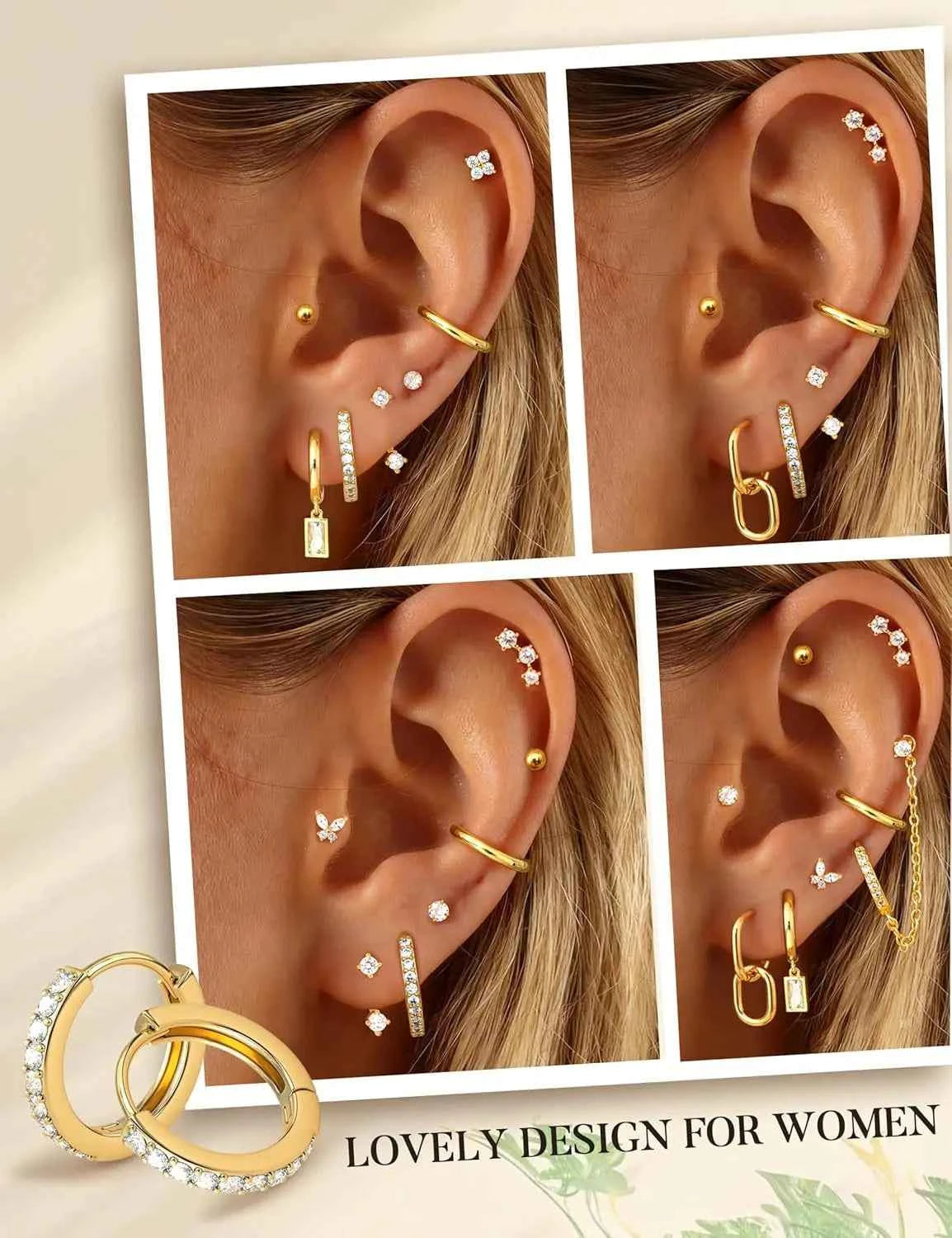 14K Gold Plated Hoop Earrings for Women Double Piercing Chain Earrings Dainty Stud Earrings Hypoallergenic Hoop Earrings Set