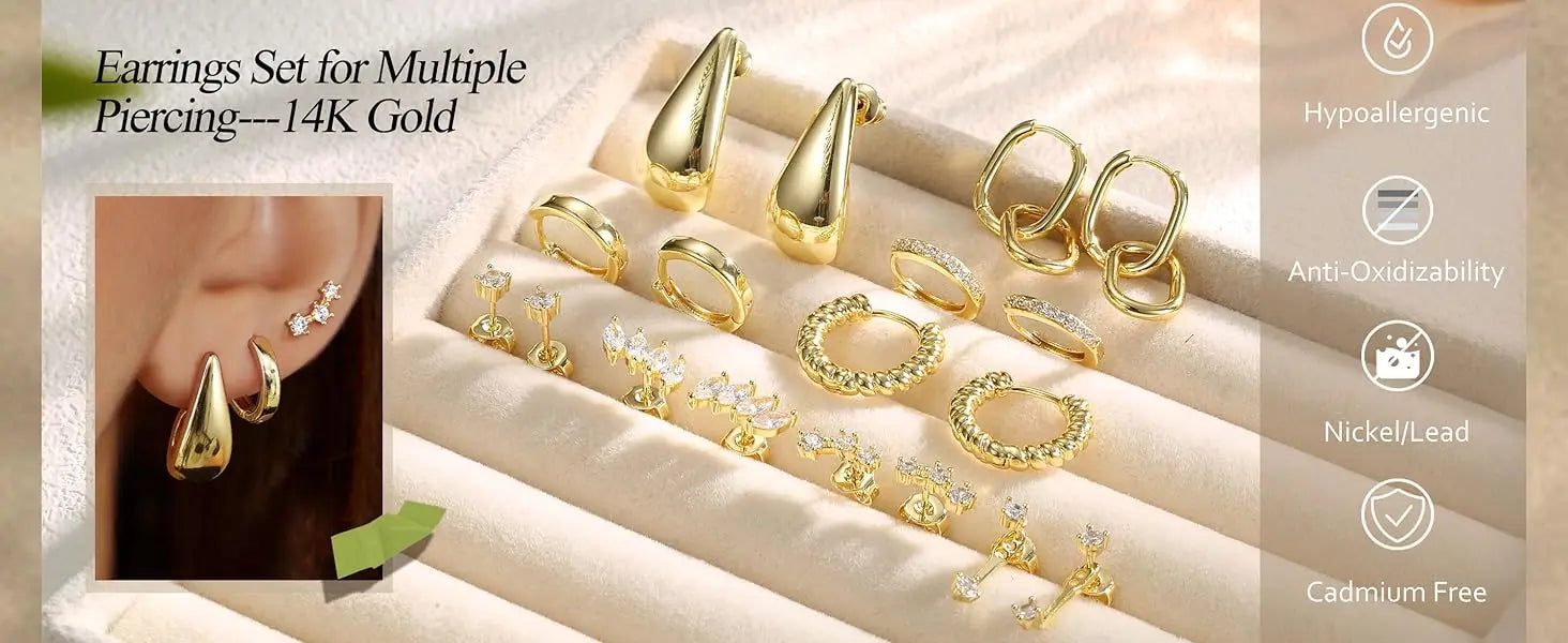 Set of gold earrings displayed on a white tray with a close-up of an ear wearing one of the earrings.