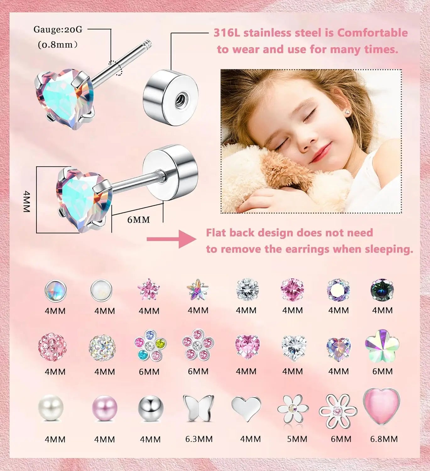 Heart-shaped earrings with detailed specifications and a child sleeping with a teddy bear on a pink background.
