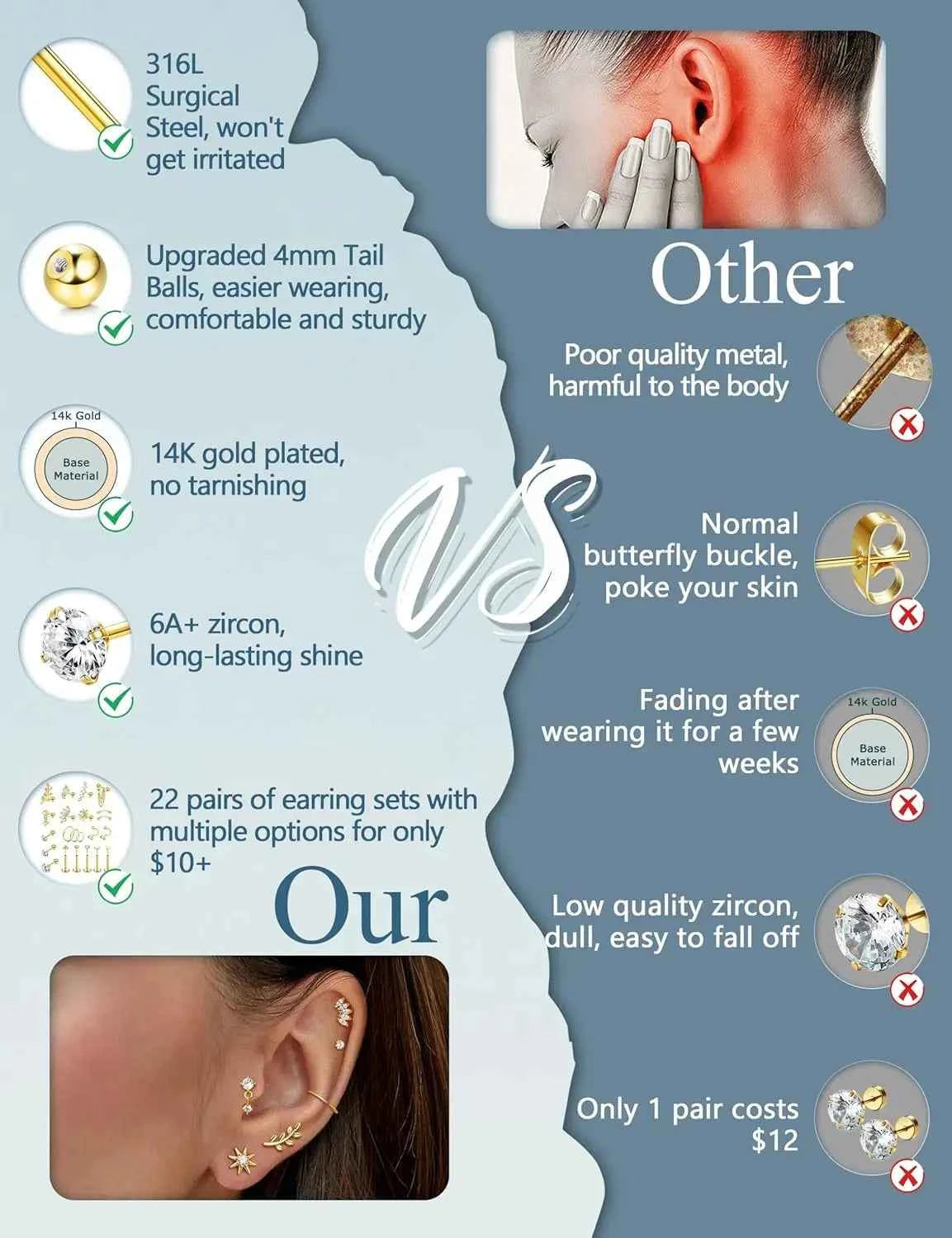 Cartilage Earrings Set - 22 Pieces 16G Surgical Steel Flat Back Studs & Nose Rings