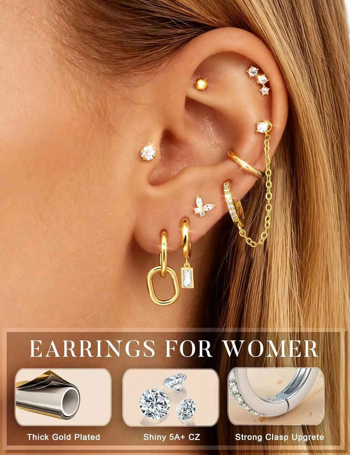 14K Gold Plated Hoop Earrings for Women Double Piercing Chain Earrings Dainty Stud Earrings Hypoallergenic Hoop Earrings Set