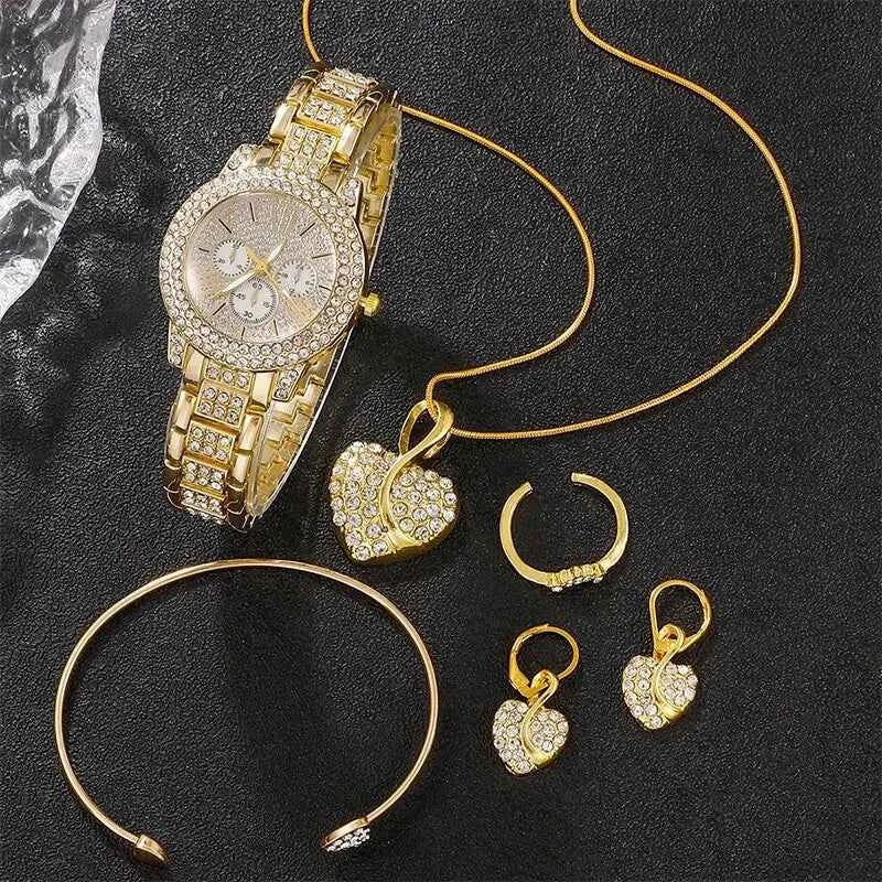 Gold Luxury Watch & Jewelry Set – Women's Rhinestone Watch, Ring, Necklace & Earrings