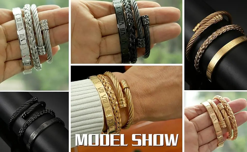 Men's Stainless Steel Bracelet Set - 3-Piece Roman Numeral & Twisted Cuff Collection