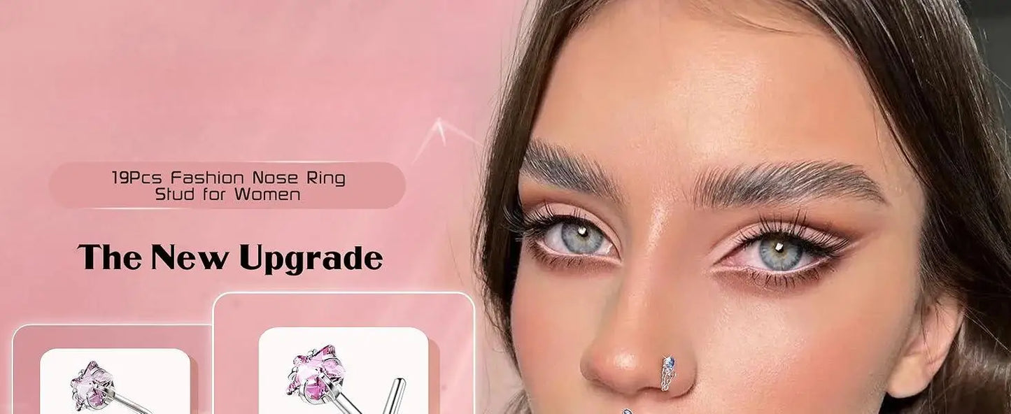 Woman wearing a fashion nose ring with product details on a pink background