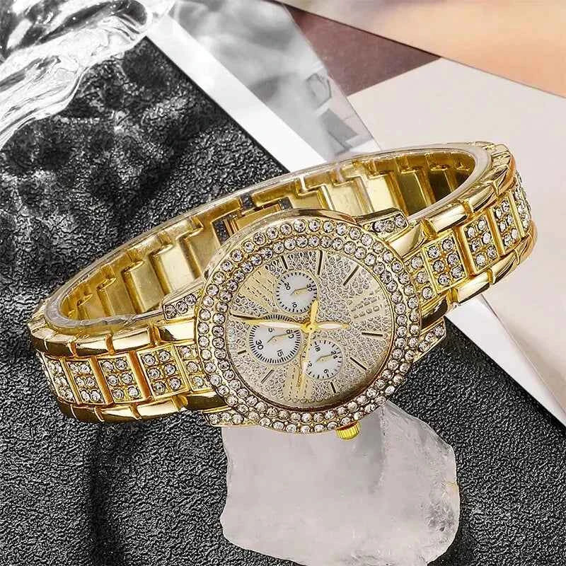 Gold Luxury Watch & Jewelry Set – Women's Rhinestone Watch, Ring, Necklace & Earrings