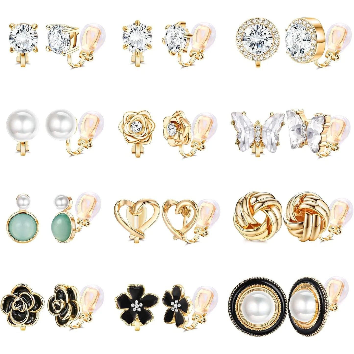 Collection of various gold and silver earrings on a white background