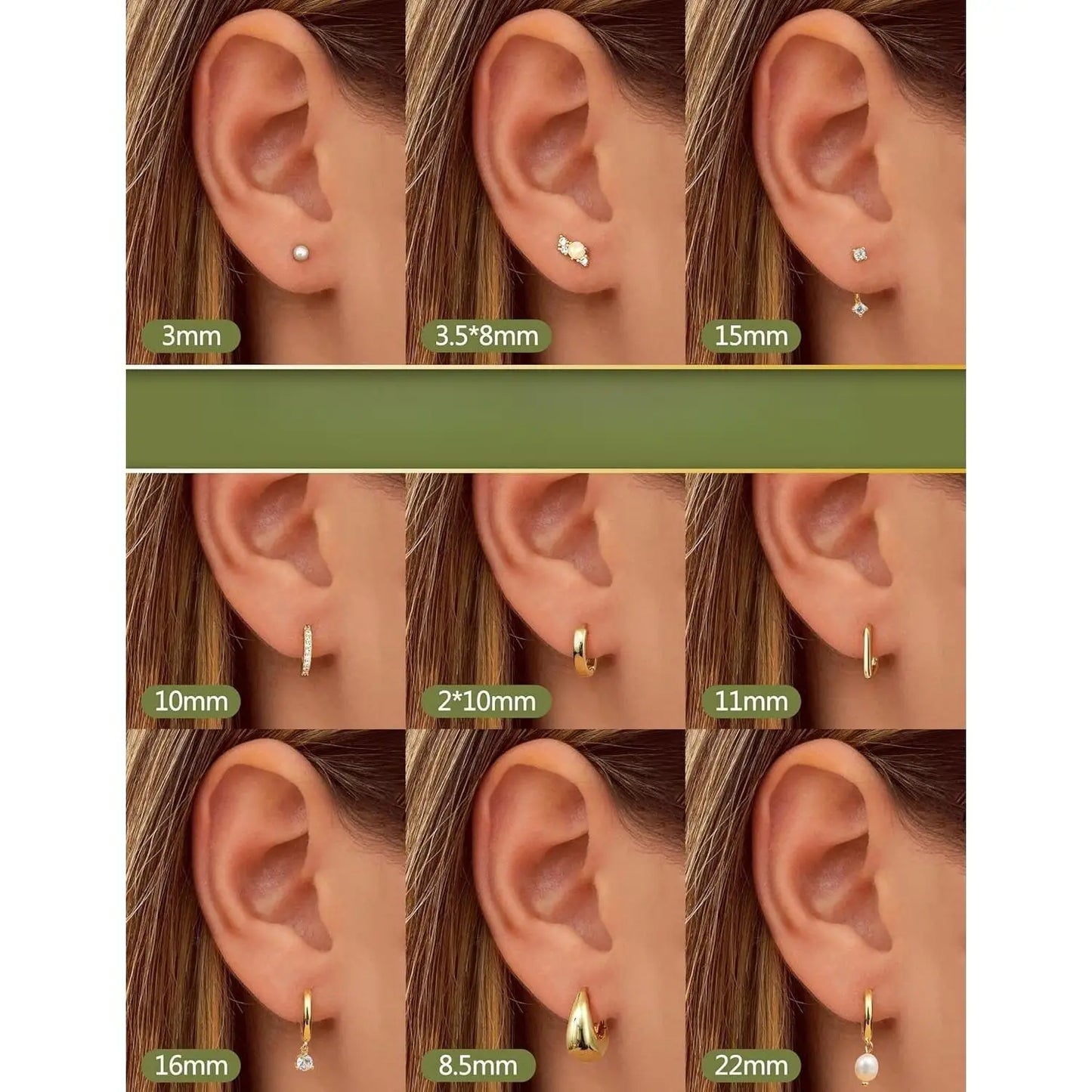 Earring sizes displayed on an ear with measurements indicated.
