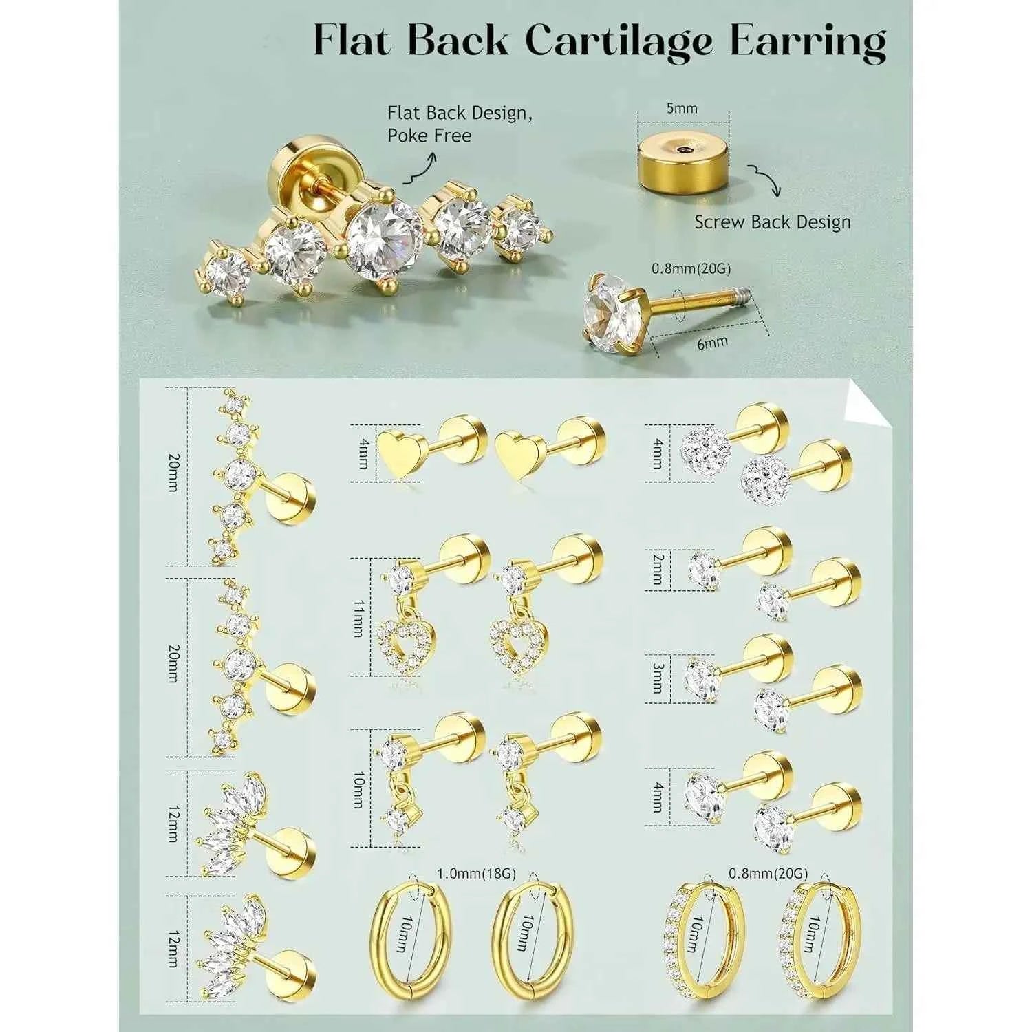 Flat Back Earrings Set - 11 Pairs Surgical Steel Studs & Hoops for Cartilage Helix Tragus