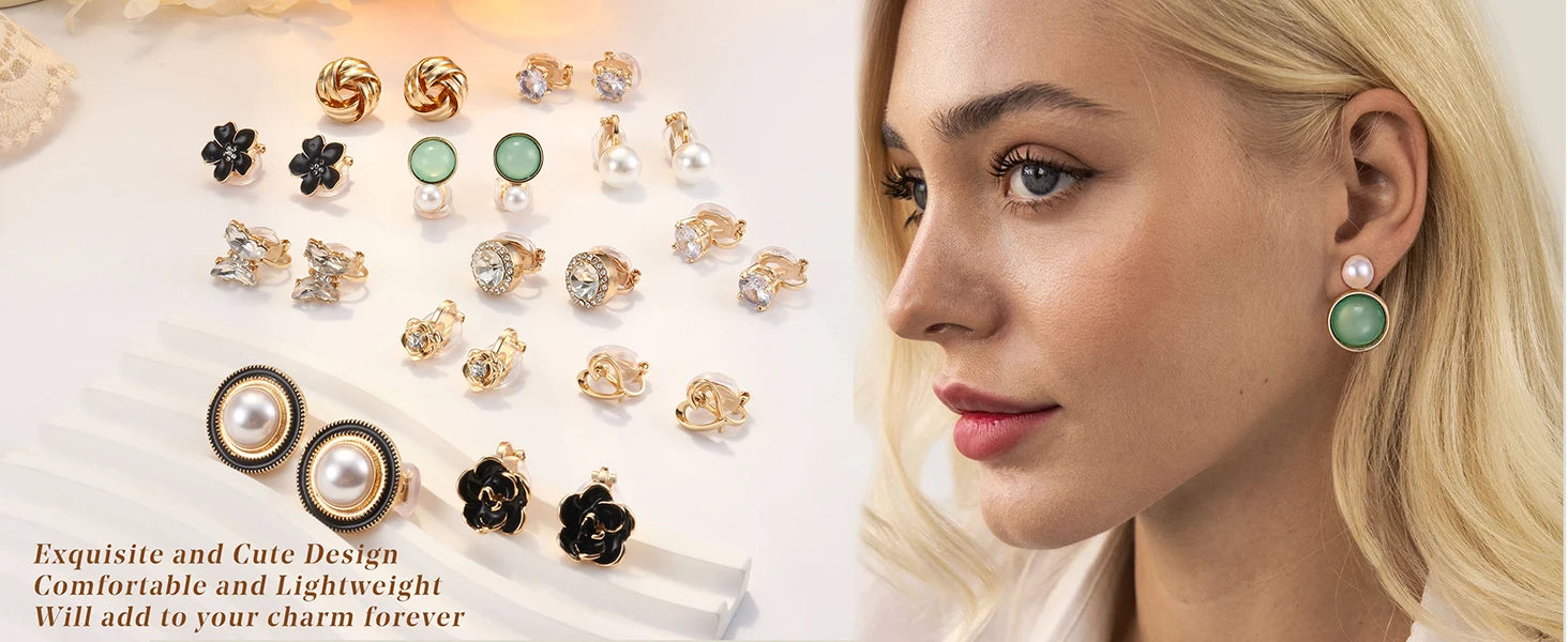 Collection of earrings displayed on a stand with a model wearing green earrings.