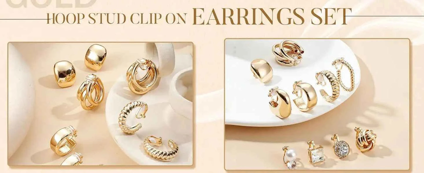 10Pairs Clip On Earrings for Women Non Pierced Ears CZ Pearl Knot Twist Chunky Hoop and Studs Earring Set Ear Clips Jewelry