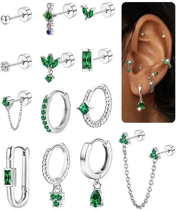 Green Stud & Hoop Earring Set - 13 Piece Stainless Steel Collection