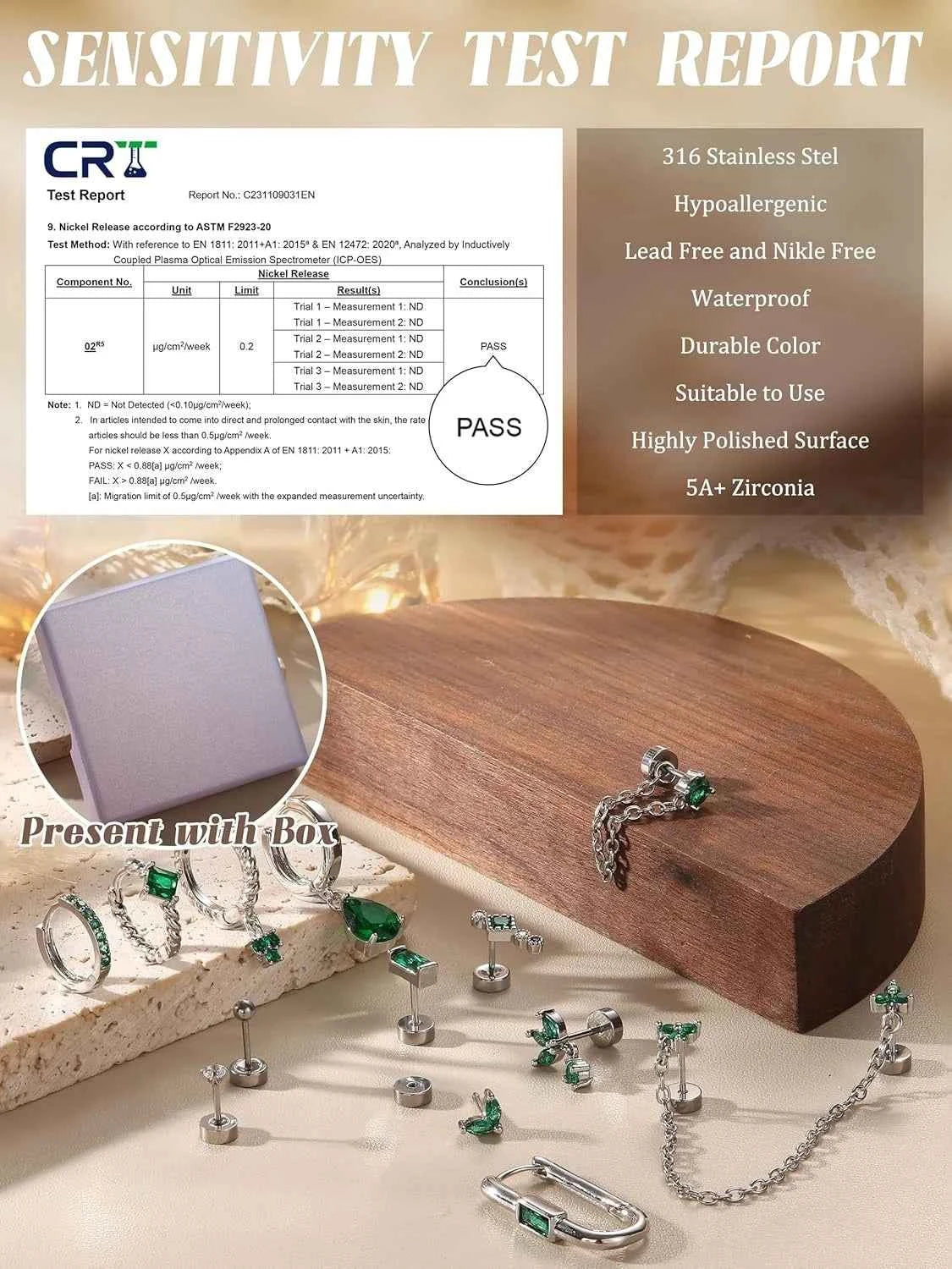 Green Stud & Hoop Earring Set - 13 Piece Stainless Steel Collection