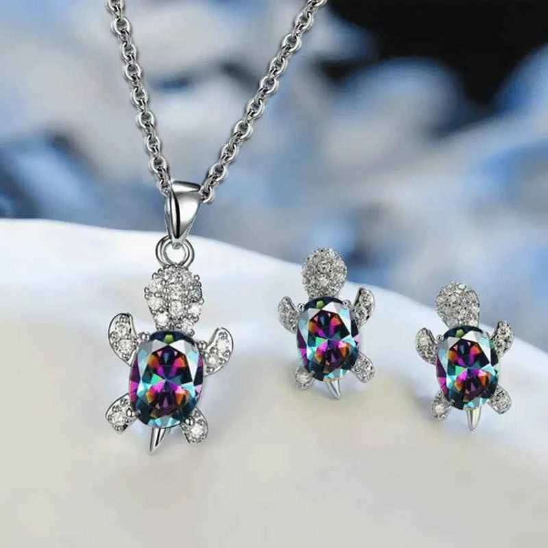 Sea Turtle Jewelry Set – Silver-Plated Necklace & Earrings with Crystals