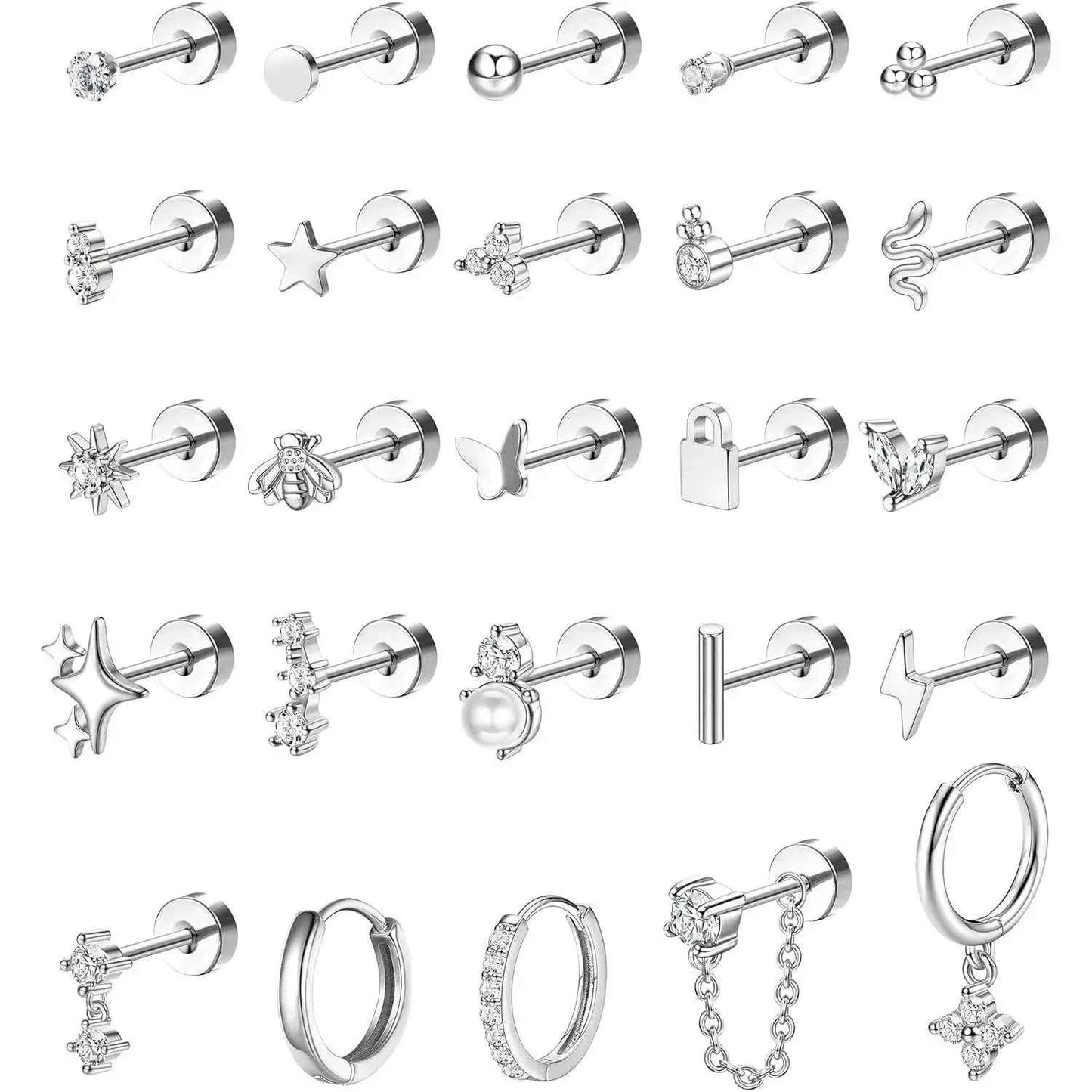 Earrings for Sensitive Ears - 25 Pcs Surgical Steel Flat Back Studs & Hoops Set