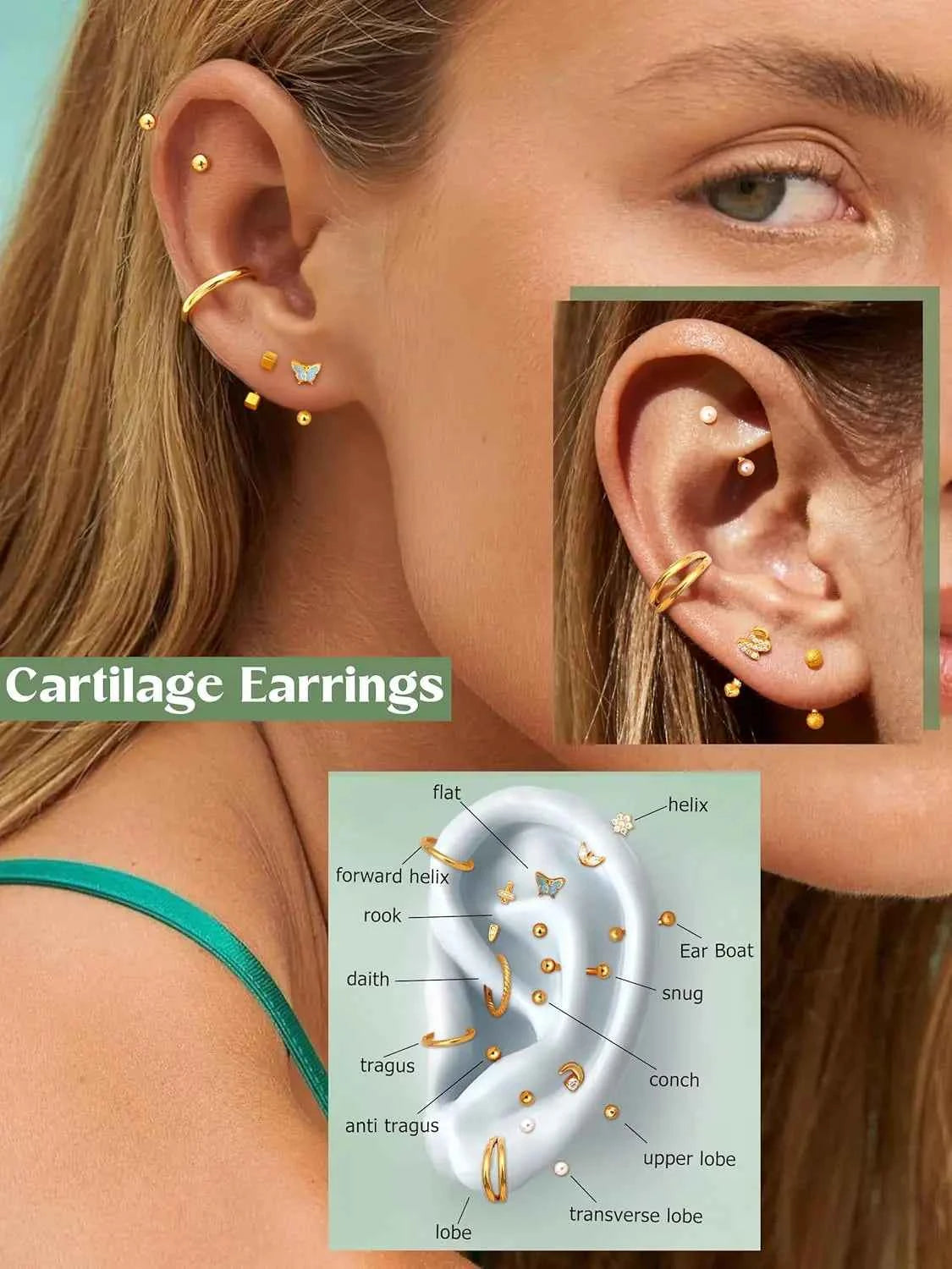 Body Piercing Jewelry Set - 14 Pcs 16G Surgical Steel Eyebrow Rook Belly Lip Rings