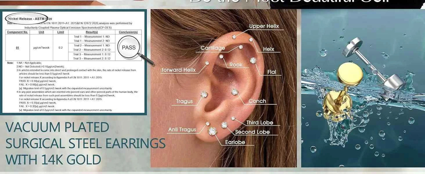 Earrings for Sensitive Ears - 25 Pcs Surgical Steel Flat Back Studs & Hoops Set
