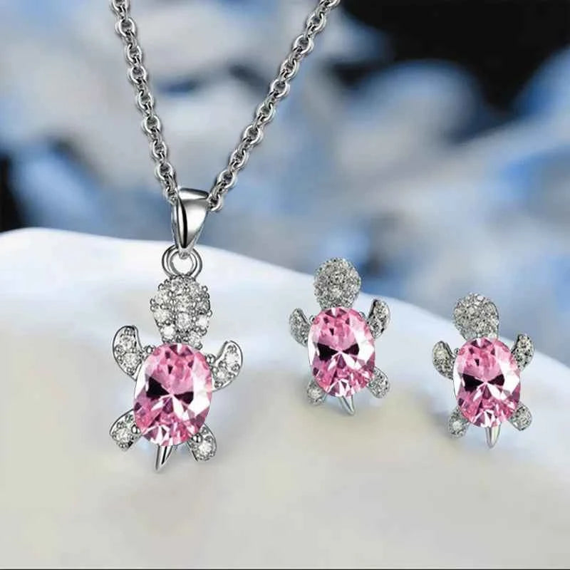Sea Turtle Jewelry Set – Silver-Plated Necklace & Earrings with Crystals