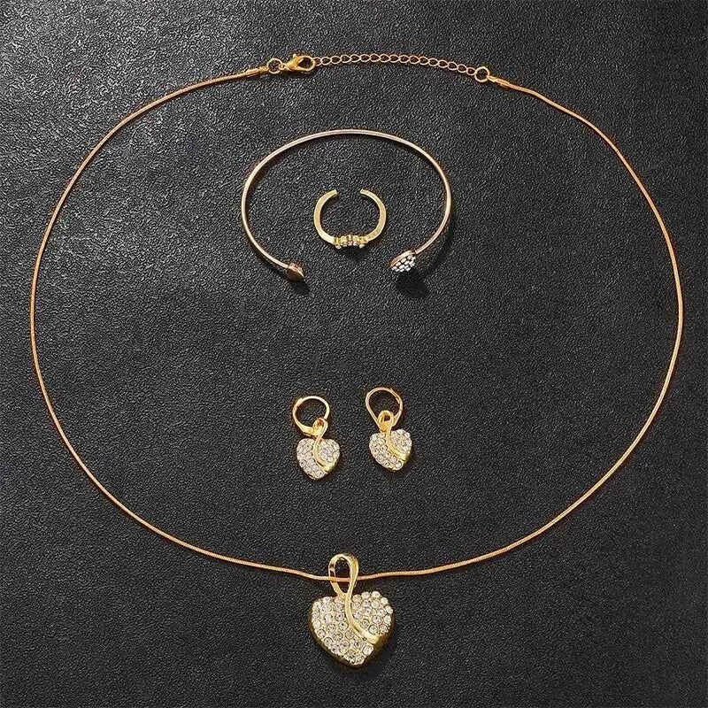 Gold Luxury Watch & Jewelry Set – Women's Rhinestone Watch, Ring, Necklace & Earrings