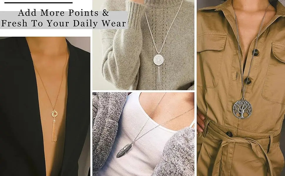 Collage of necklaces worn by different people with text 'Add More Points & Fresh To Your Daily Wear'.