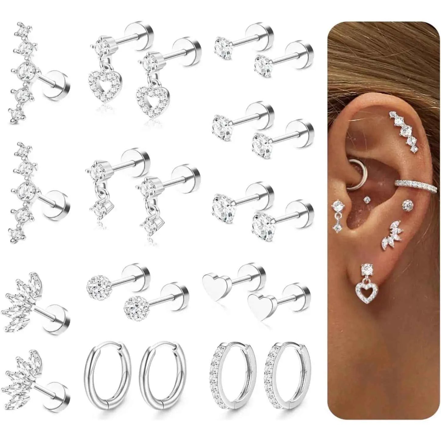 Flat Back Earrings Set - 11 Pairs Surgical Steel Studs & Hoops for Cartilage Helix Tragus