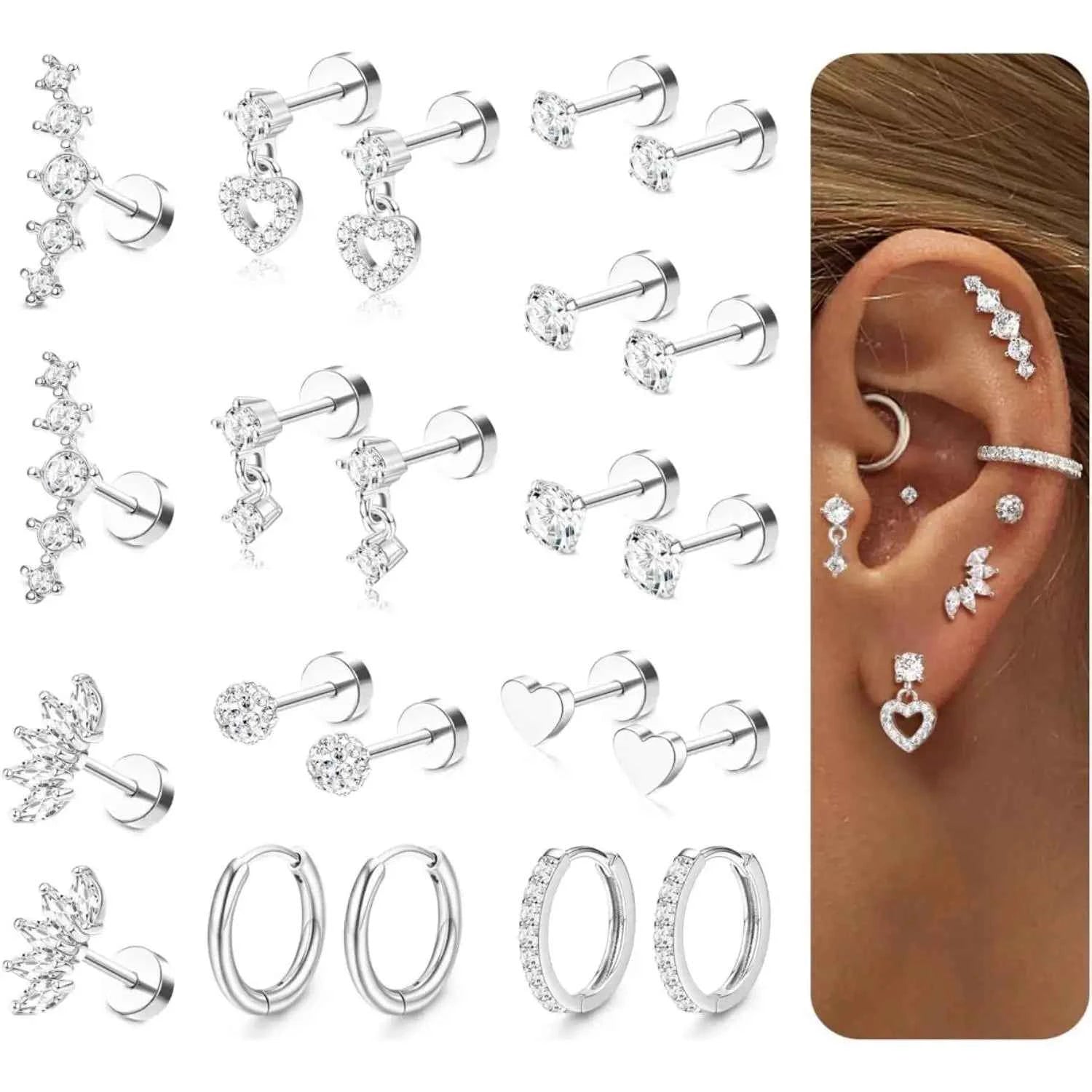 Flat Back Earrings Set - 11 Pairs Surgical Steel Studs & Hoops for Cartilage Helix Tragus