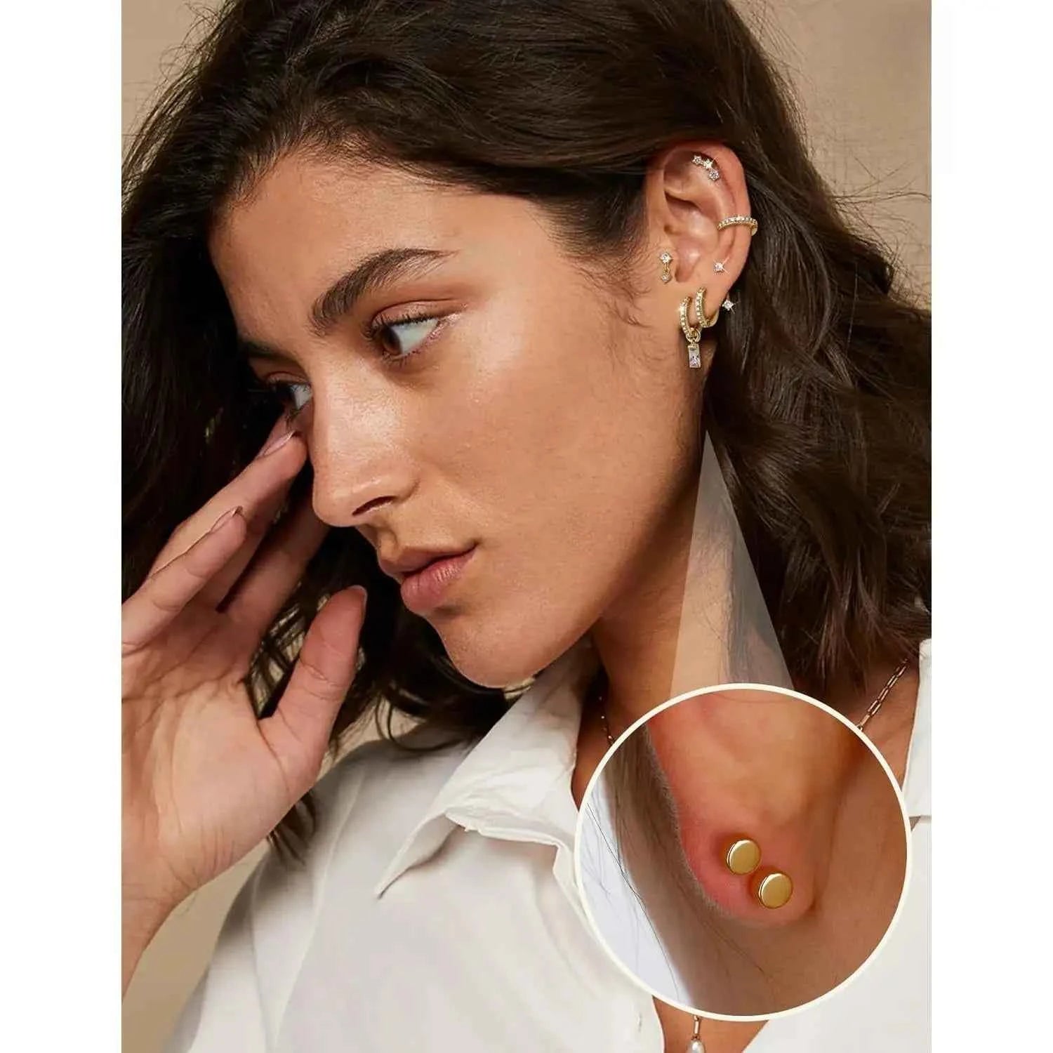 14K Gold Plated Flat Back Earrings - 10 Pairs CZ Hoop Set for Helix Conch Tragus