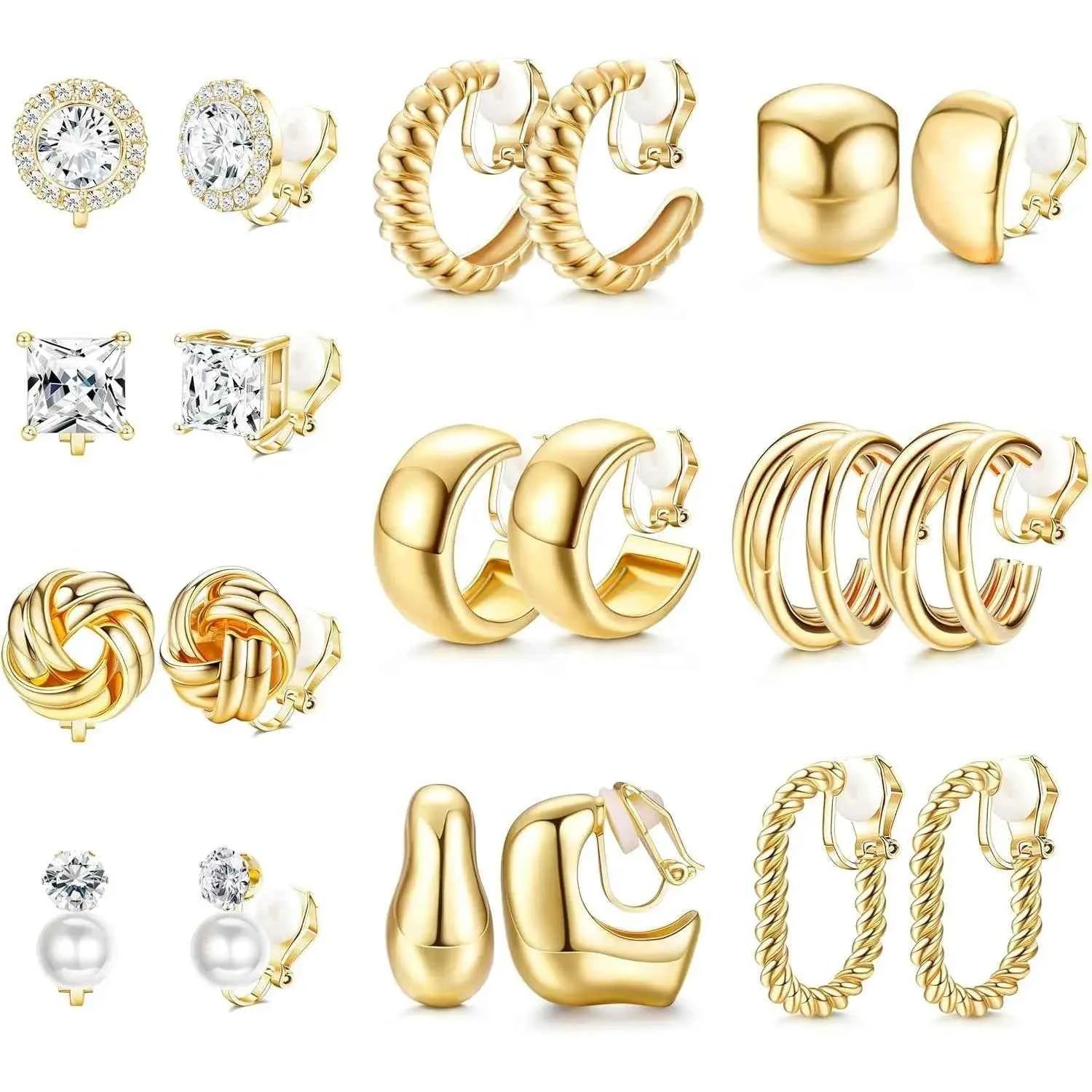 10Pairs Clip On Earrings for Women Non Pierced Ears CZ Pearl Knot Twist Chunky Hoop and Studs Earring Set Ear Clips Jewelry