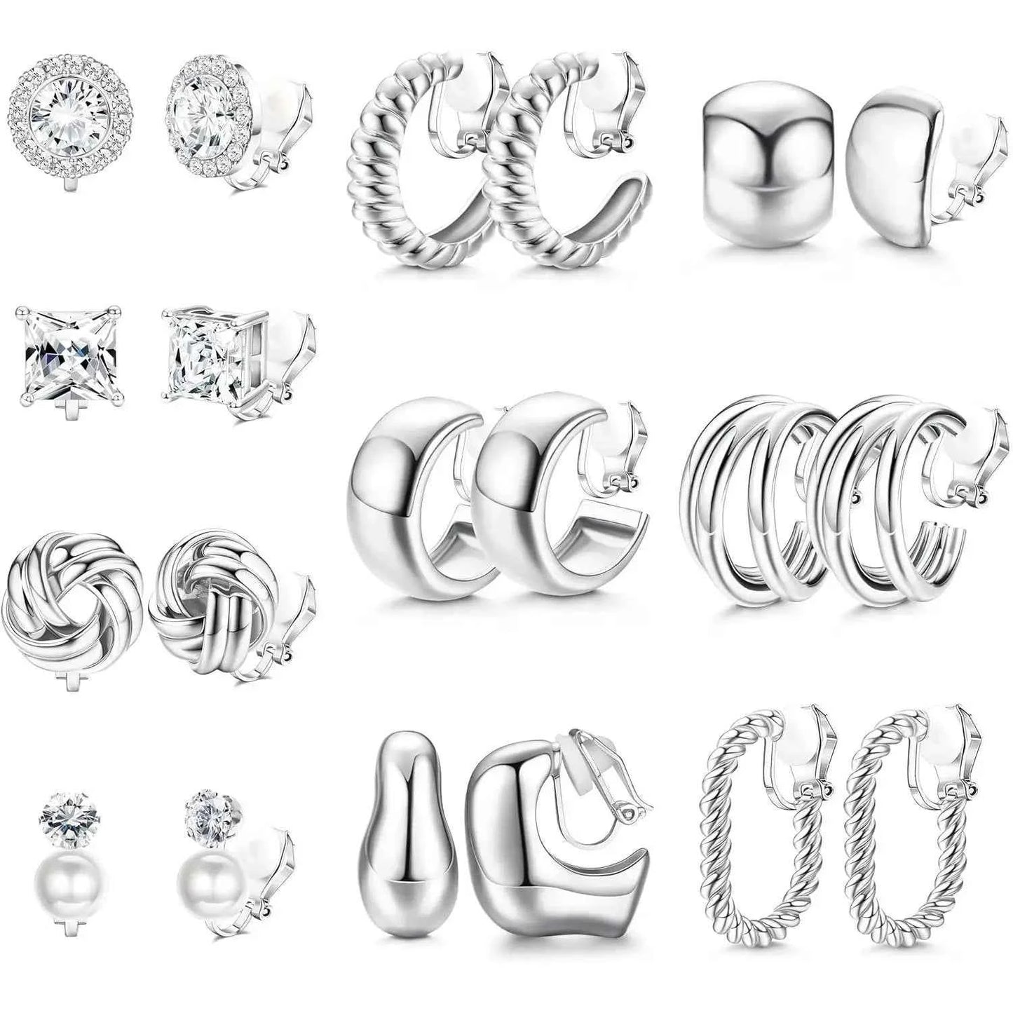 10Pairs Clip On Earrings for Women Non Pierced Ears CZ Pearl Knot Twist Chunky Hoop and Studs Earring Set Ear Clips Jewelry