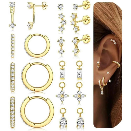 14K Gold Plated Flat Back Earrings - 10 Pairs CZ Hoop Set for Helix Conch Tragus