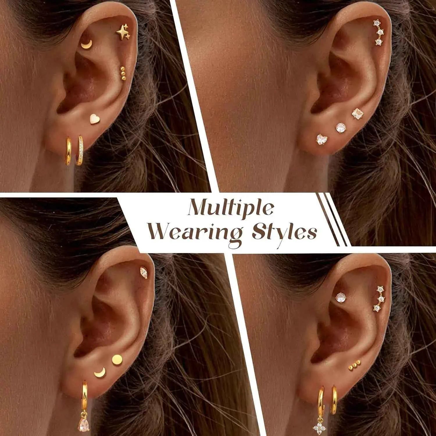 Hypoallergenic Flat Back Earrings Set for Women 14K Gold-plated Surgical Steel Stud Hoop Earrings Cartilage Piercing Jewellry
