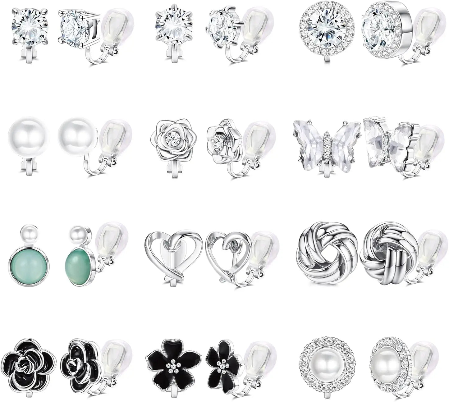 Collection of various silver earrings on a white background
