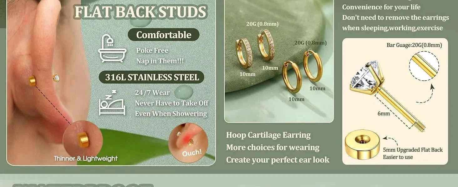 Flat Back Earrings Set - 11 Pairs Surgical Steel Studs & Hoops for Cartilage Helix Tragus