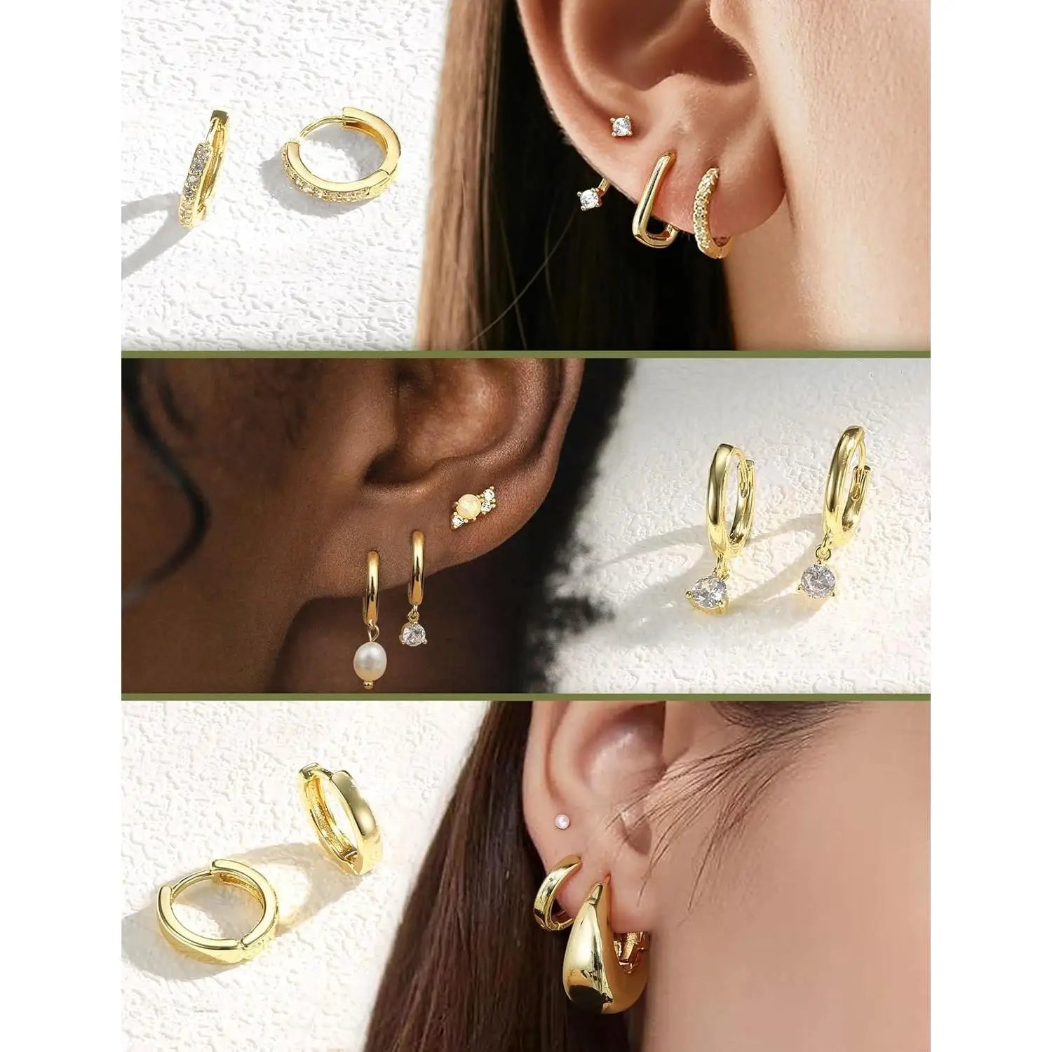 Collage of gold hoop earrings worn on different ears with a white background.
