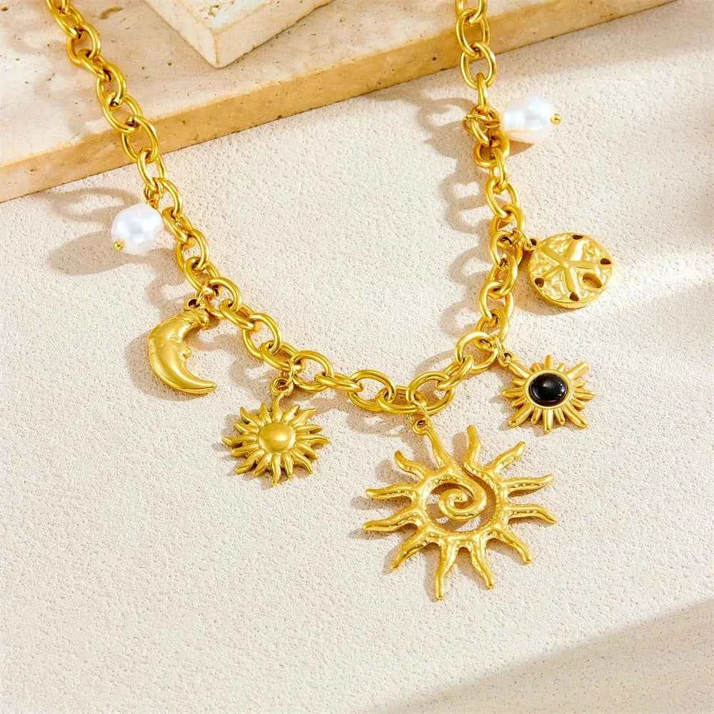 Starfish and Moon Necklace - Gold Stainless Steel