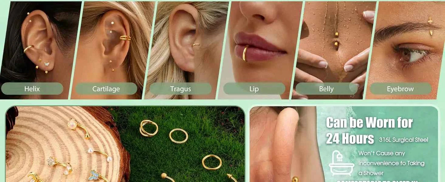 Body Piercing Jewelry Set - 14 Pcs 16G Surgical Steel Eyebrow Rook Belly Lip Rings