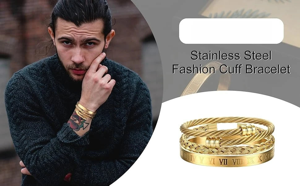 Man wearing a gold stainless steel fashion cuff bracelet with product details on a white background.