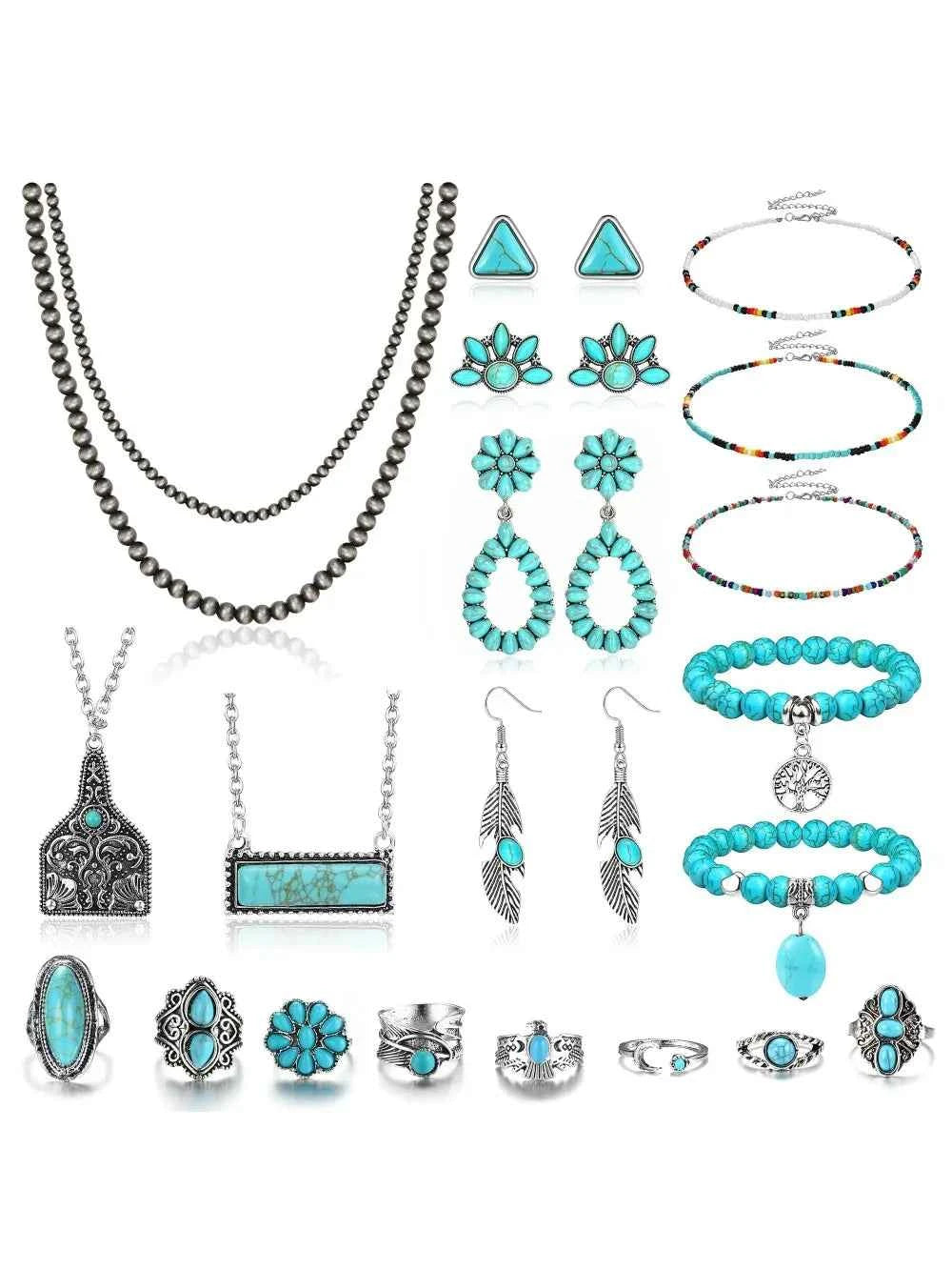Turquoise Jewelry Set - Bohemian Western Necklace, Earrings & Bracelet