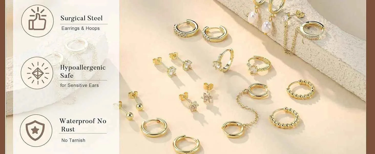 14K Gold Plated Hoop Earrings for Women Double Piercing Chain Earrings Dainty Stud Earrings Hypoallergenic Hoop Earrings Set