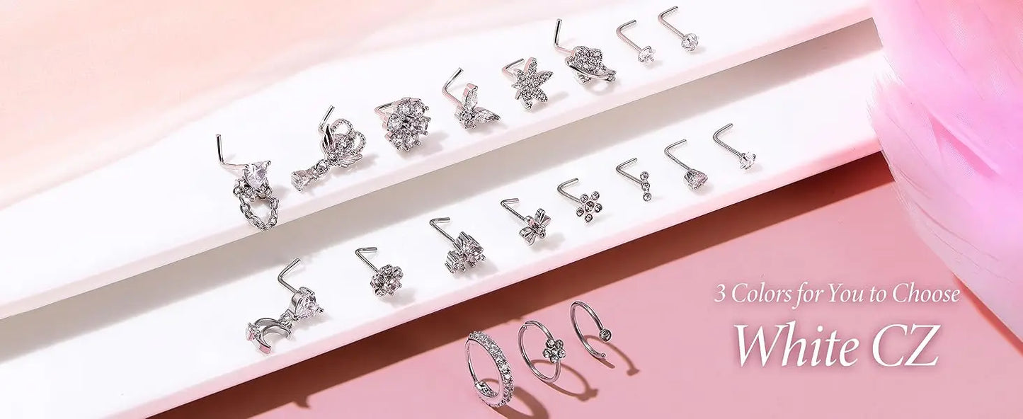 Collection of silver earrings on a pink background with 'White CZ' text.