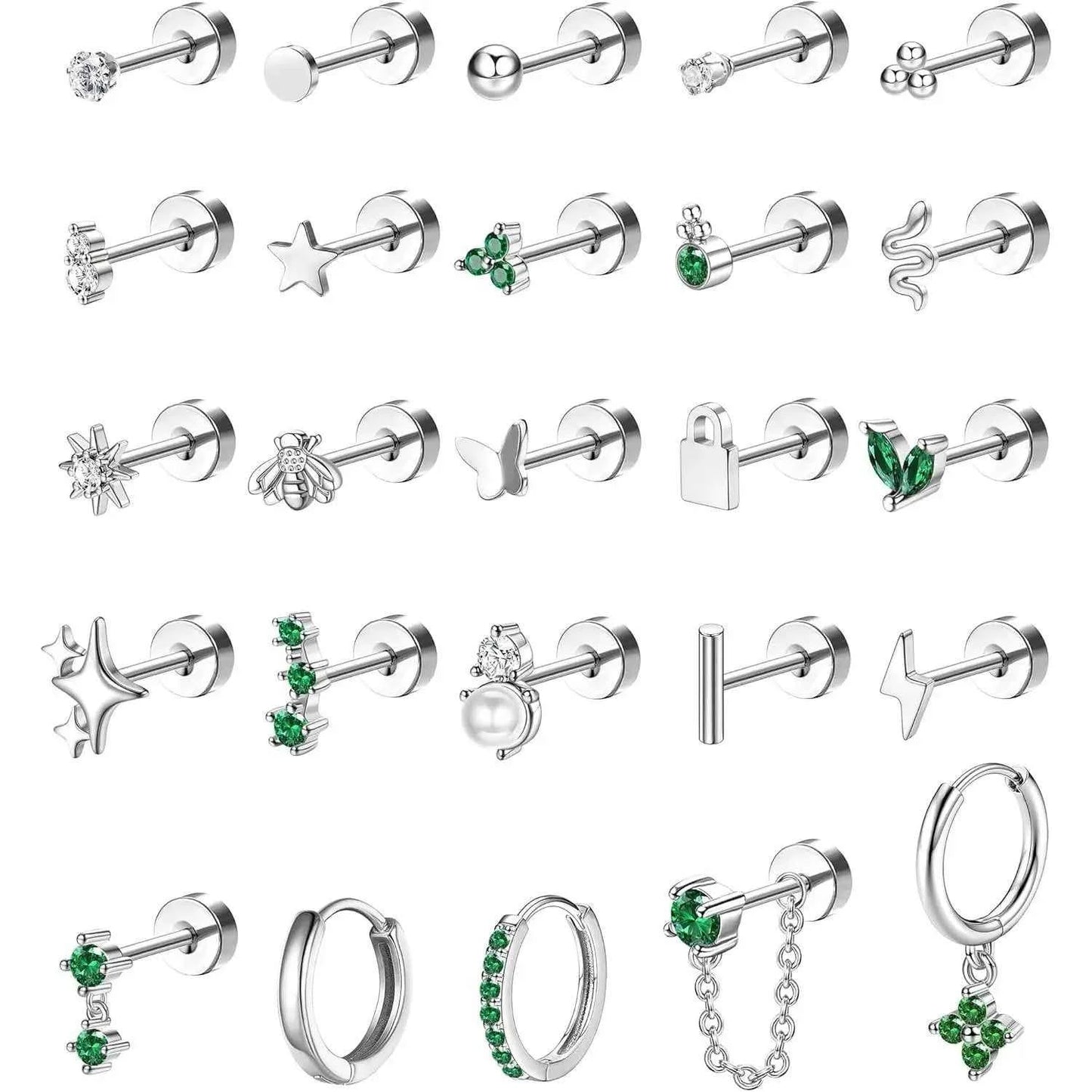 Earrings for Sensitive Ears - 25 Pcs Surgical Steel Flat Back Studs & Hoops Set