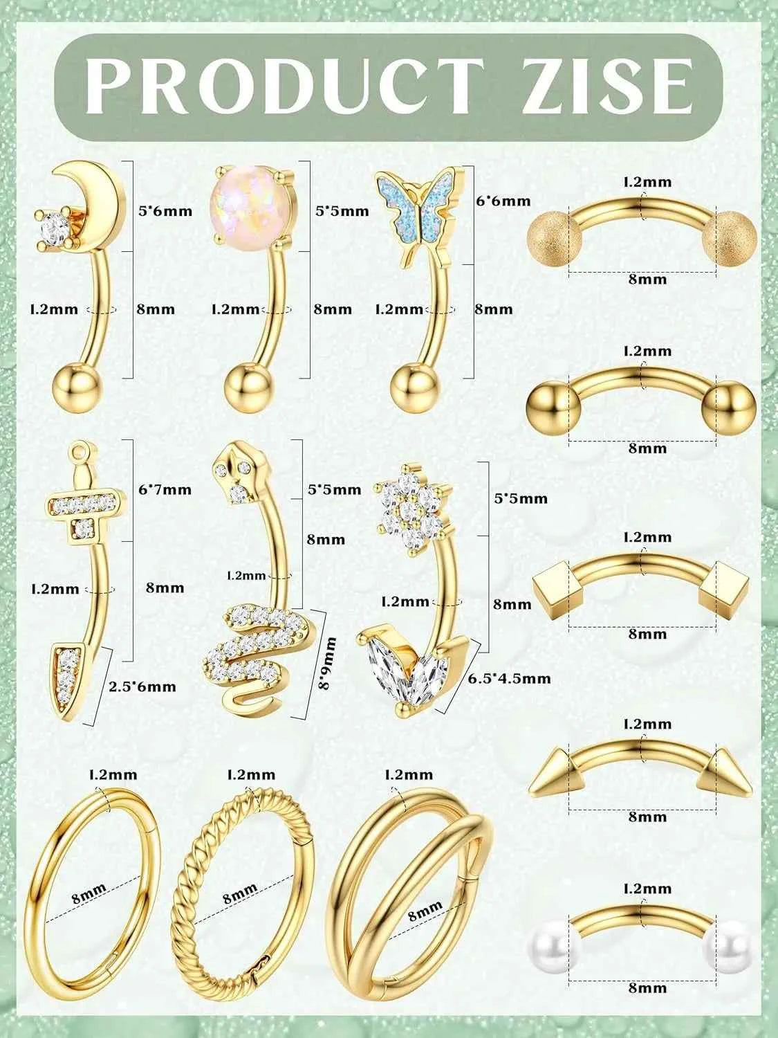 Body Piercing Jewelry Set - 14 Pcs 16G Surgical Steel Eyebrow Rook Belly Lip Rings