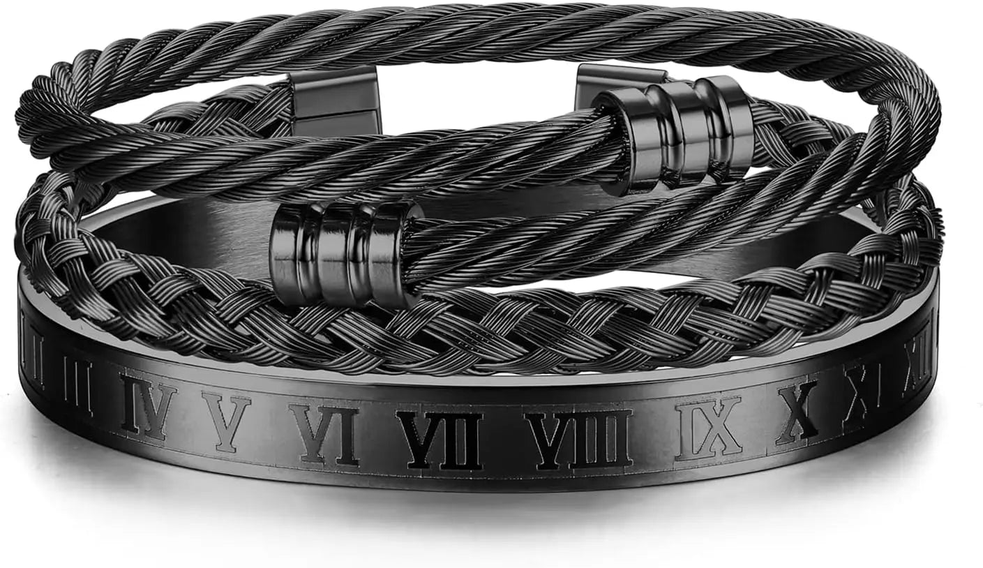 Black braided bracelet with Roman numeral design on a white background