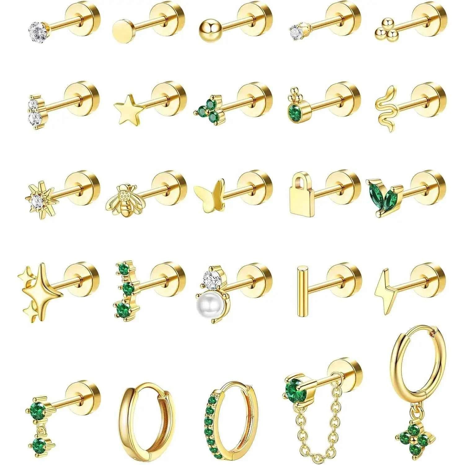 Earrings for Sensitive Ears - 25 Pcs Surgical Steel Flat Back Studs & Hoops Set