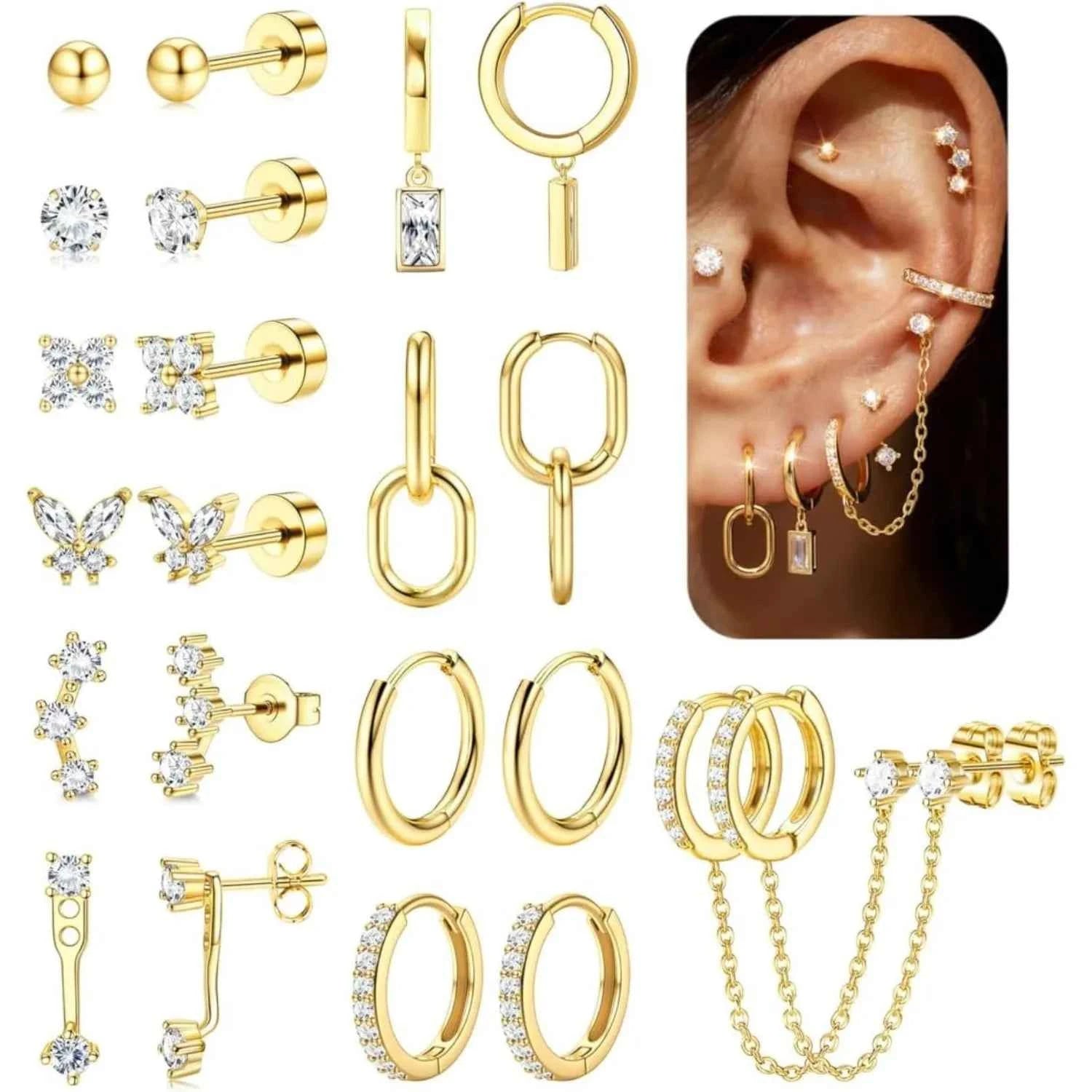 14K Gold Plated Hoop Earrings for Women Double Piercing Chain Earrings Dainty Stud Earrings Hypoallergenic Hoop Earrings Set