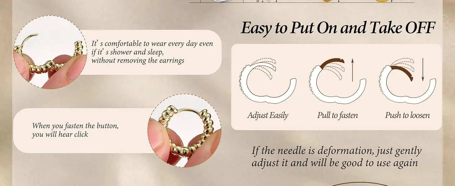 Instructions for wearing and adjusting earrings with visual aids on a beige background.